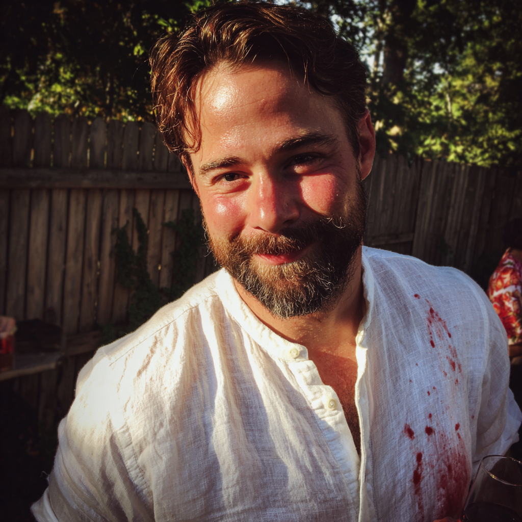 Un homme souriant avec du vin sur sa chemise | Source : Midjourney
