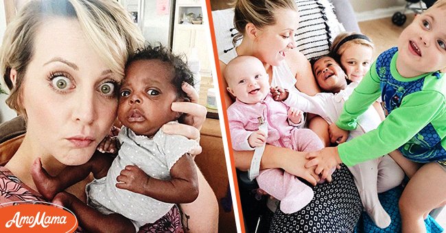 Rebekah Laskowski pose avec sa fille adoptive, Goldie Mae [à gauche]. Rebekah avec tous ses enfants [à droite] | Photo : Instagram/bekahlaskowski