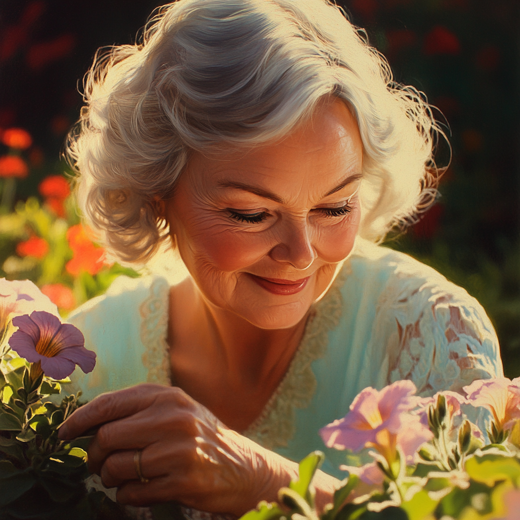 Une femme âgée souriante s'occupant de pétunias dans son jardin | Source : Midjourney