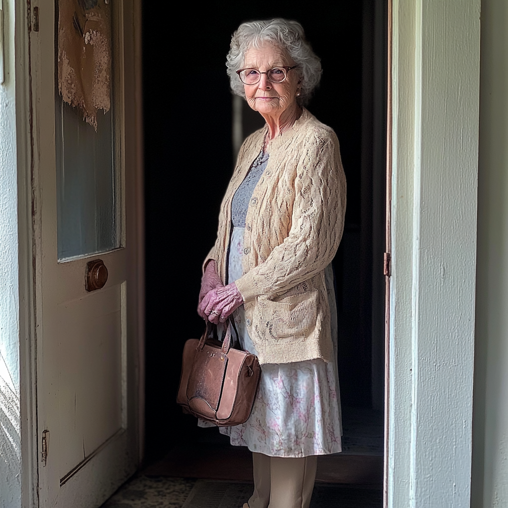 Une femme âgée debout dans l'embrasure d'une porte | Source : Midjourney