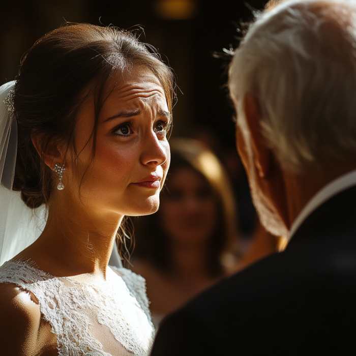 Une mariée à l'air préoccupé parle à un homme plus âgé | Source : Midjourney