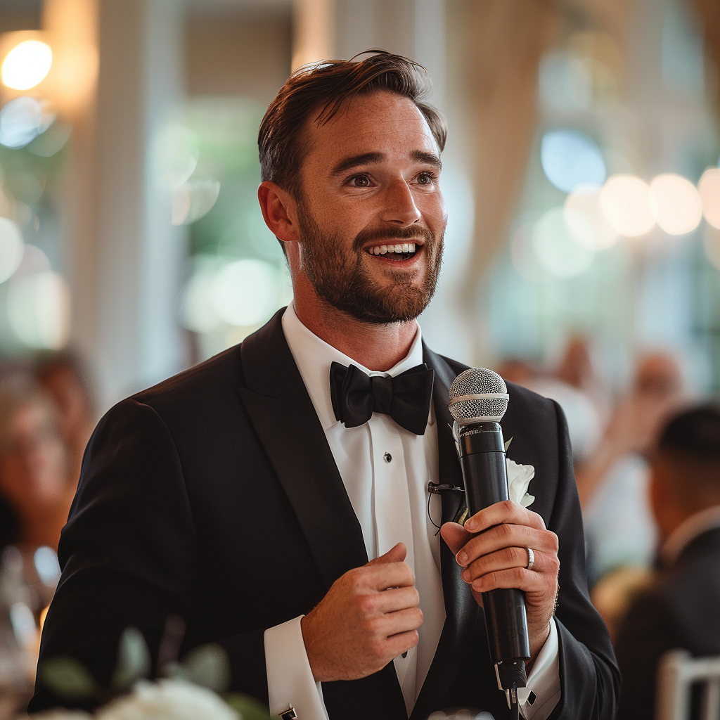 A groom speaking into a microphone | Source: Midjourney