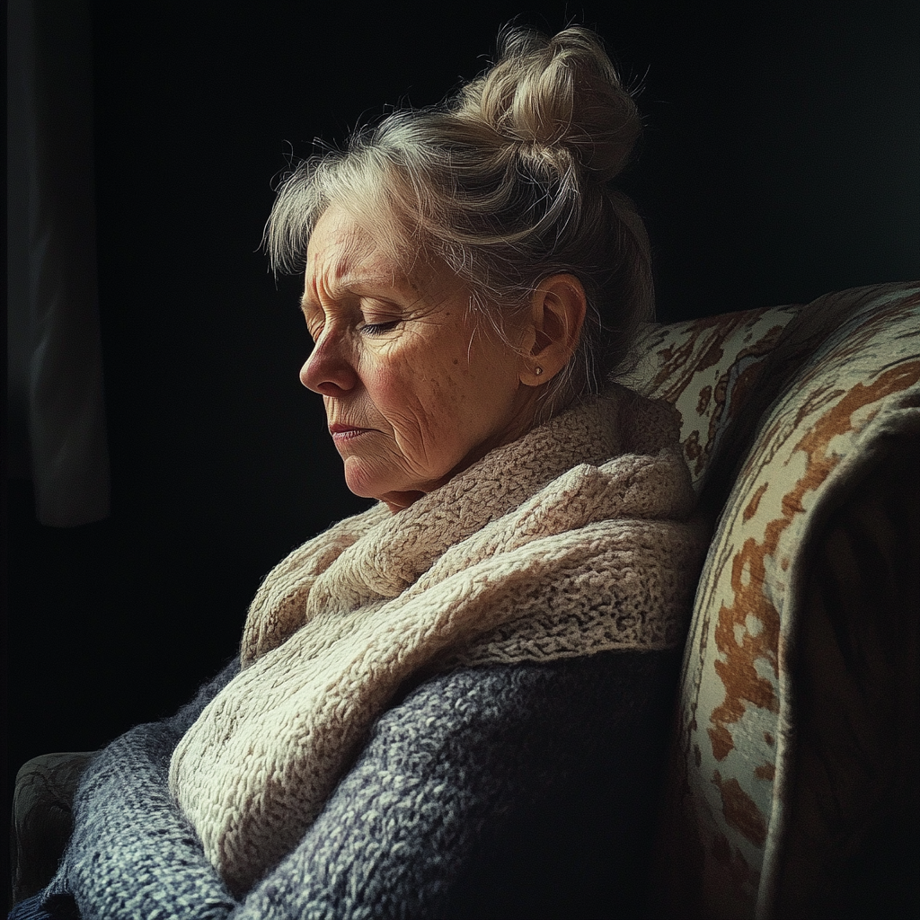 Une femme bouleversée assise sur un canapé | Source : Midjourney