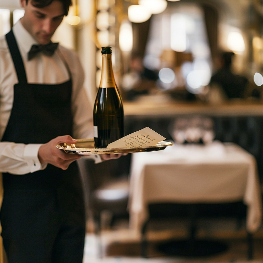 Un serveur transportant une bouteille de champagne et un petit mot dans un plateau dans un restaurant | Source : Midjourney