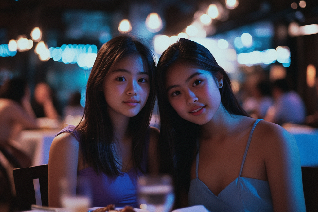 Deux adolescentes jumelles assises dans un restaurant | Source : Midjourney