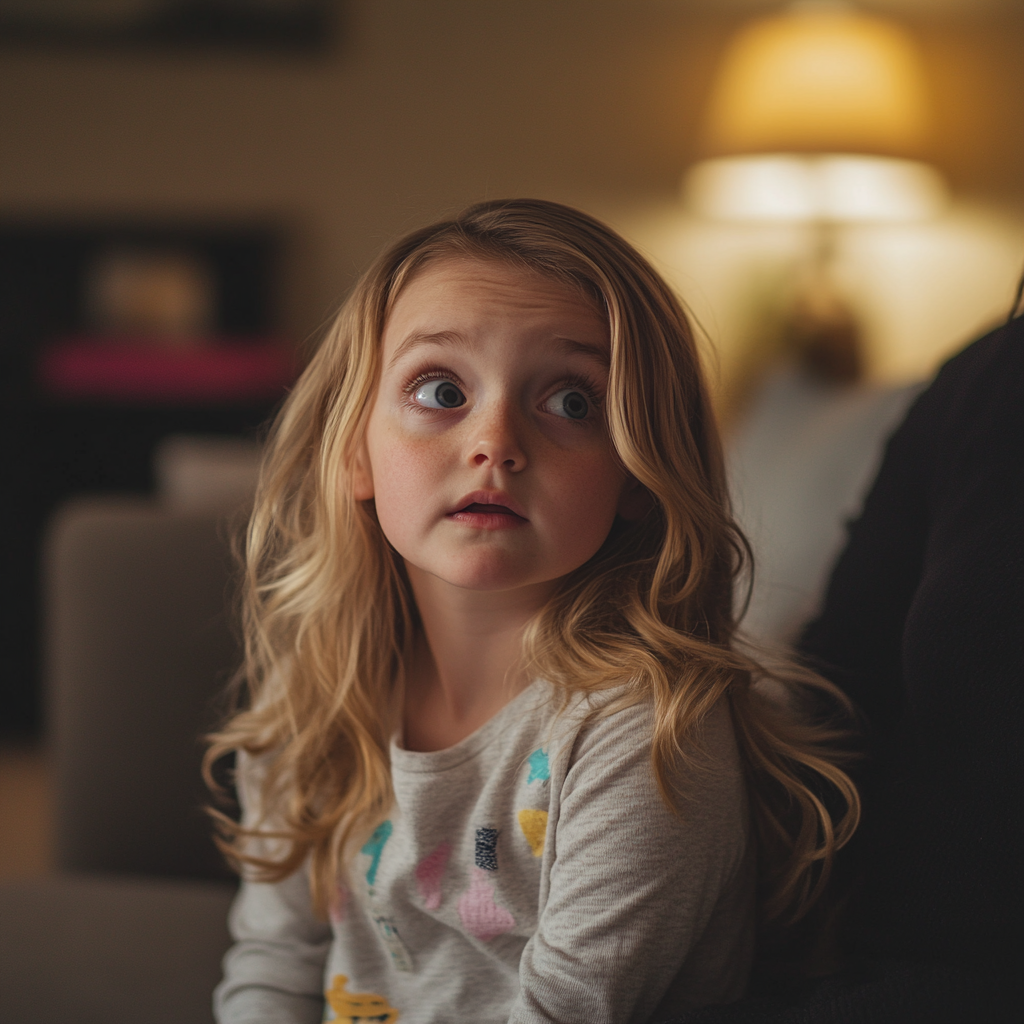 A little girl looks concerned and worried as she sits in her living room | Source: Midjourney