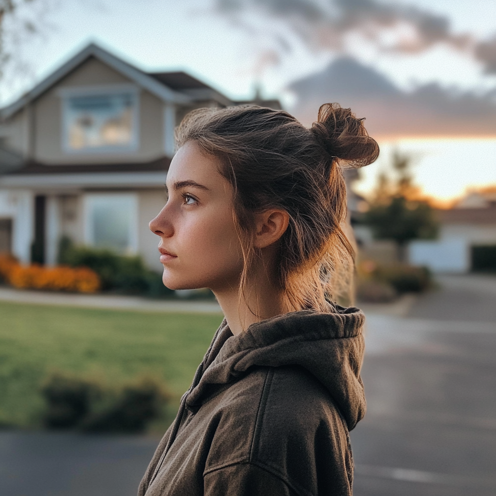 Une femme réfléchie devant sa maison | Source : Midjourney