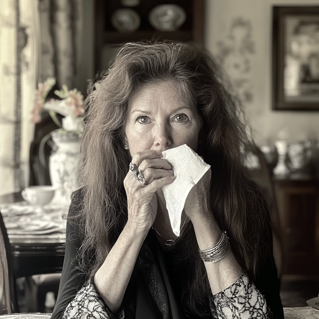 Une femme portant une serviette à sa bouche | Source : Midjourney