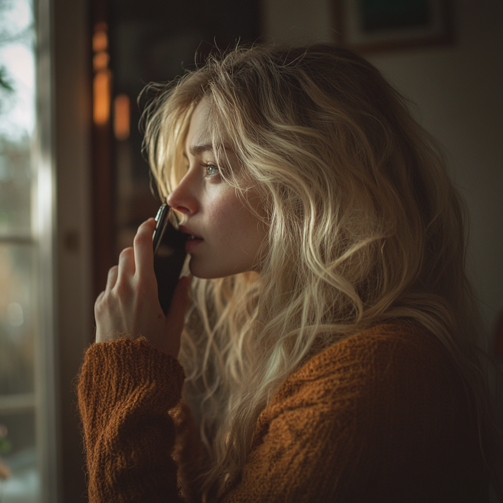 Une femme nerveuse qui parle au téléphone | Source : Midjourney