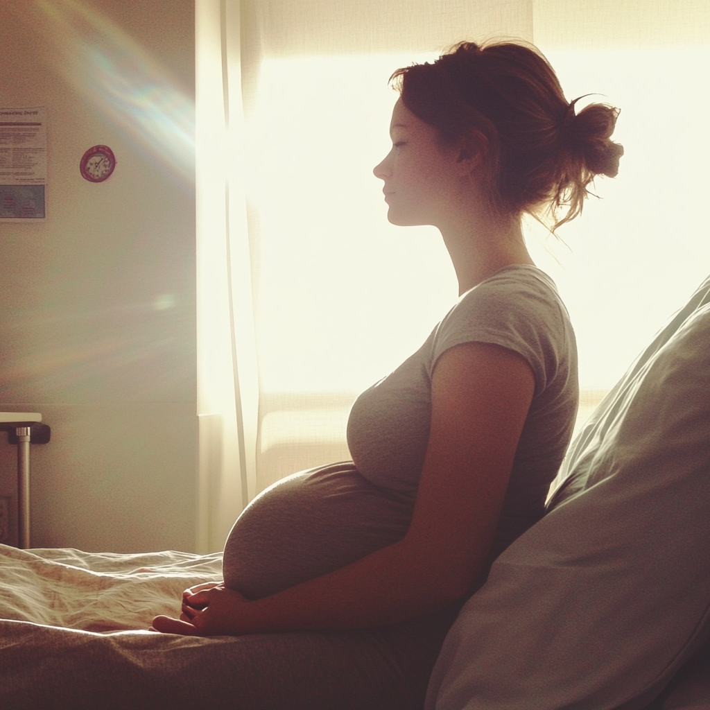 Une femme enceinte assise dans un lit d'hôpital | Source : Midjourney