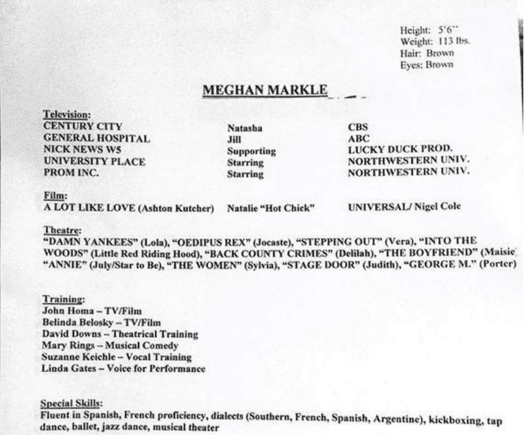 Le CV d'actrice de Meghan Markle | Photo : TMZ