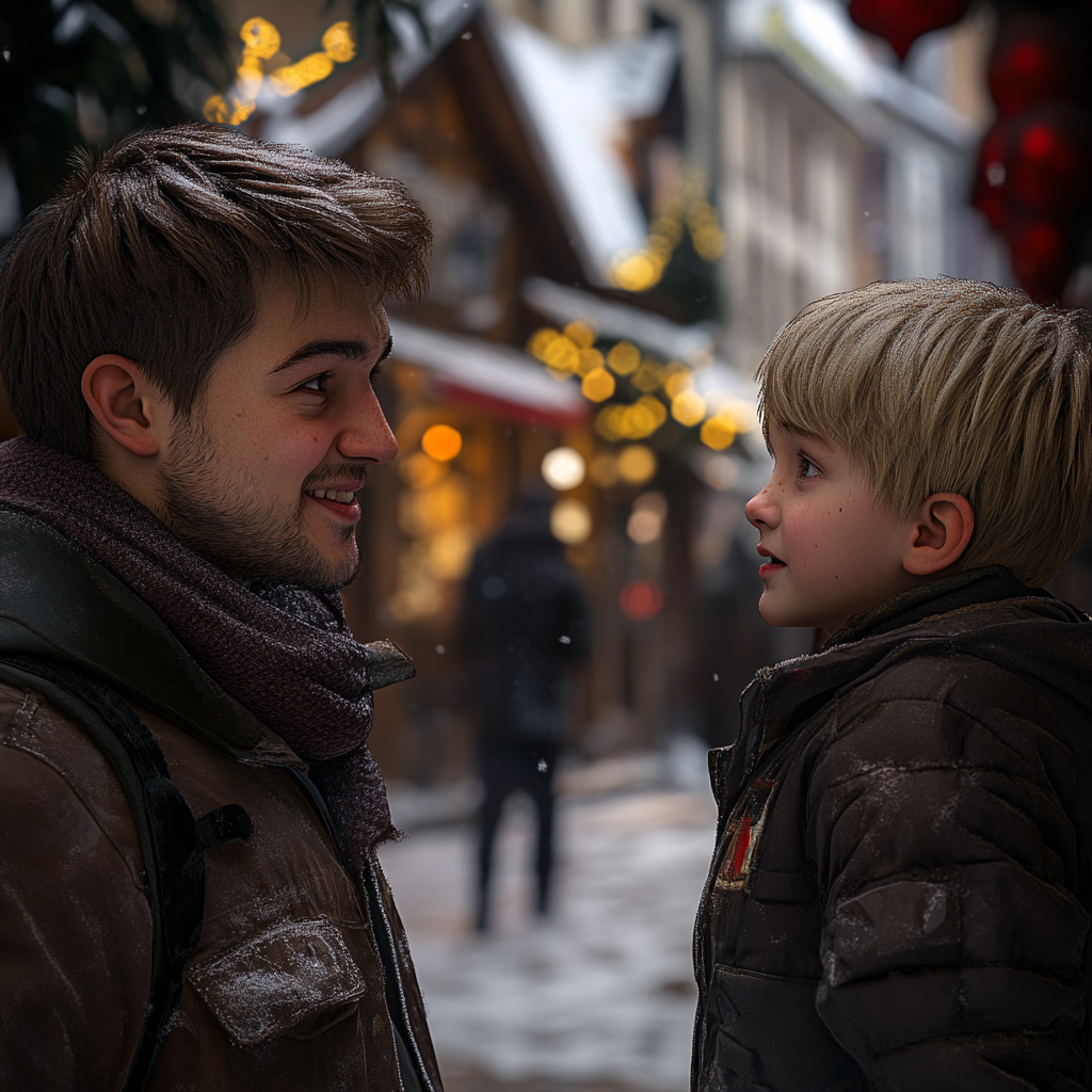 Un homme parle à un garçon sur une foire de Noël | Source : Midjourney