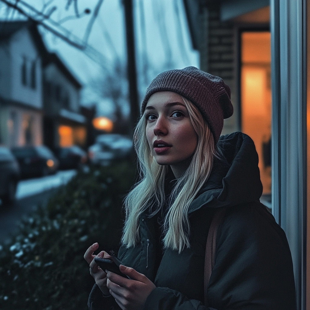 Une femme inquiète sur le pas de sa porte | Source : Midjourney