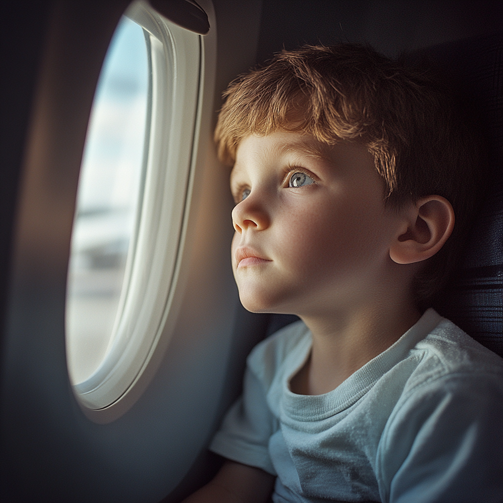 A little boy looking out of an airplane window | Source: Midjourney