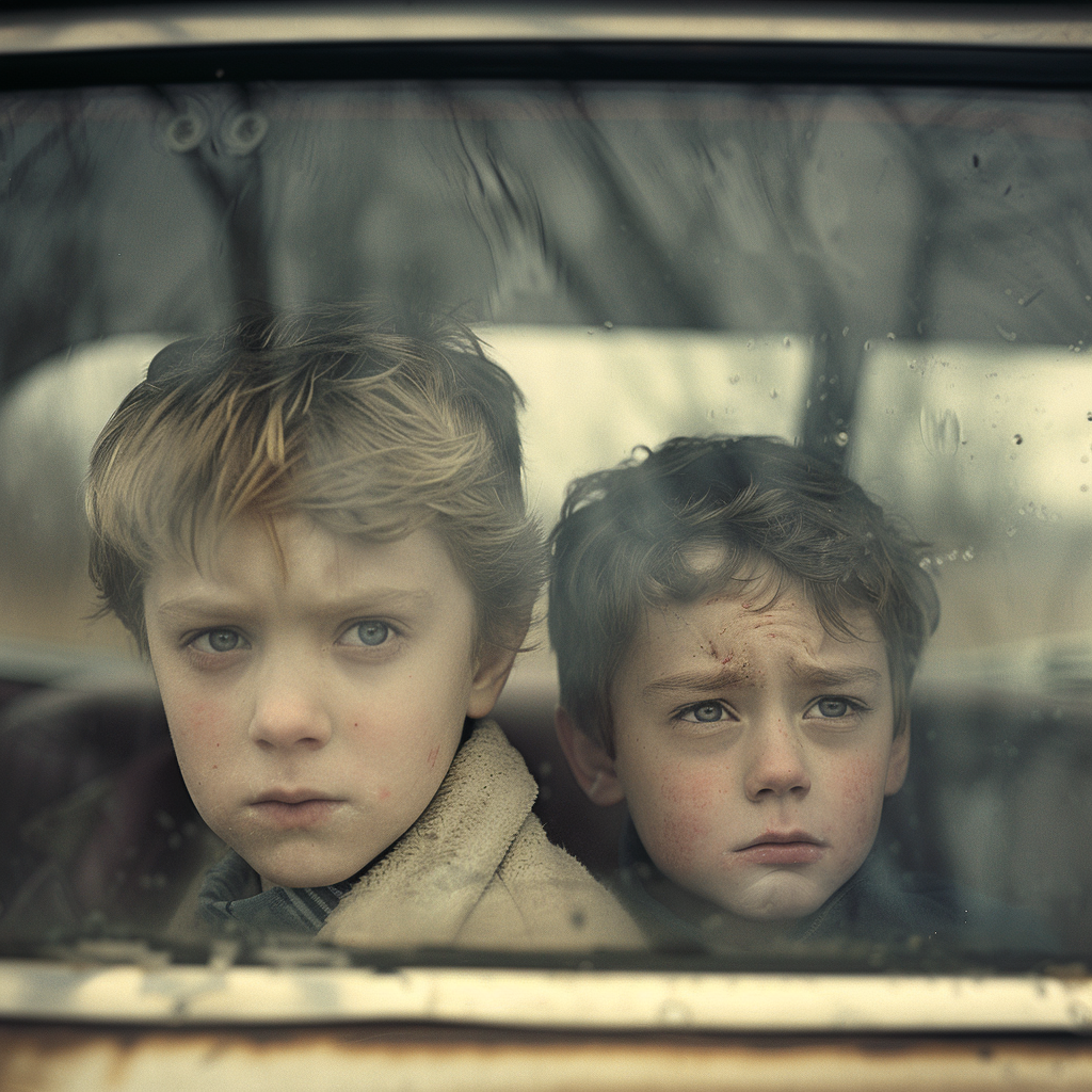 Des enfants tristes dans une voiture | Source : Midjourney