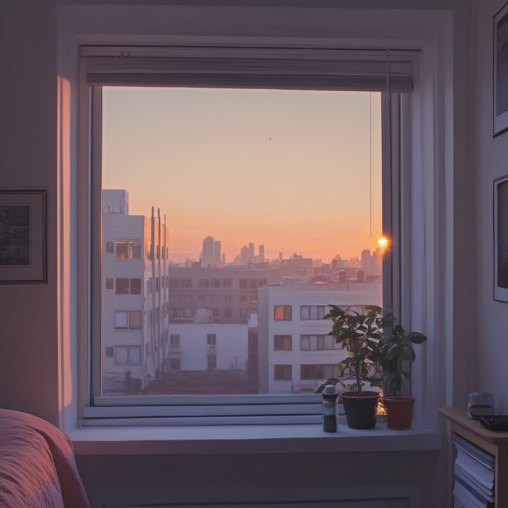 Vue de la fenêtre d'une chambre à coucher le matin | Source : Midjourney