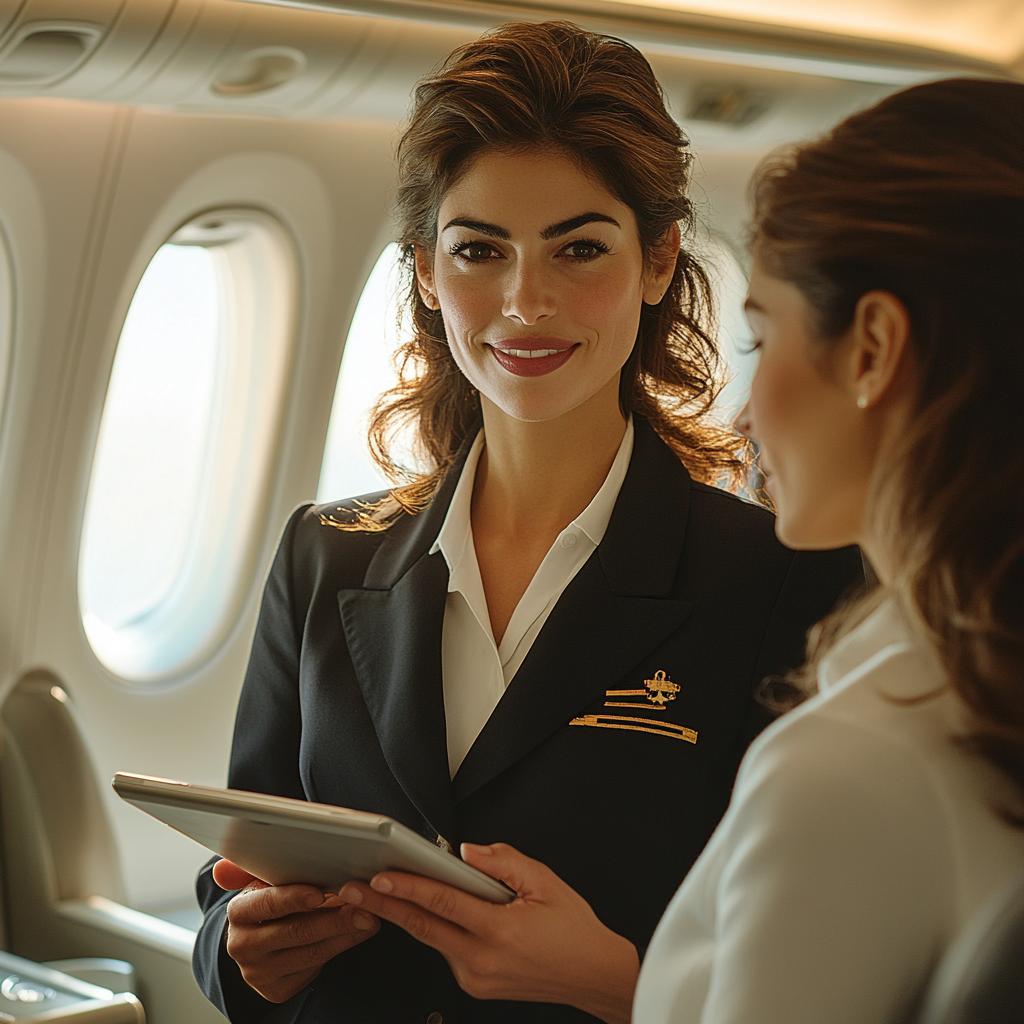 A cabin manager talking to a passenger | Source: Midjourney