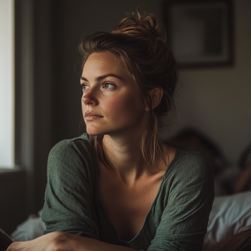 Une femme pensive assise dans sa chambre | Source : Midjourney