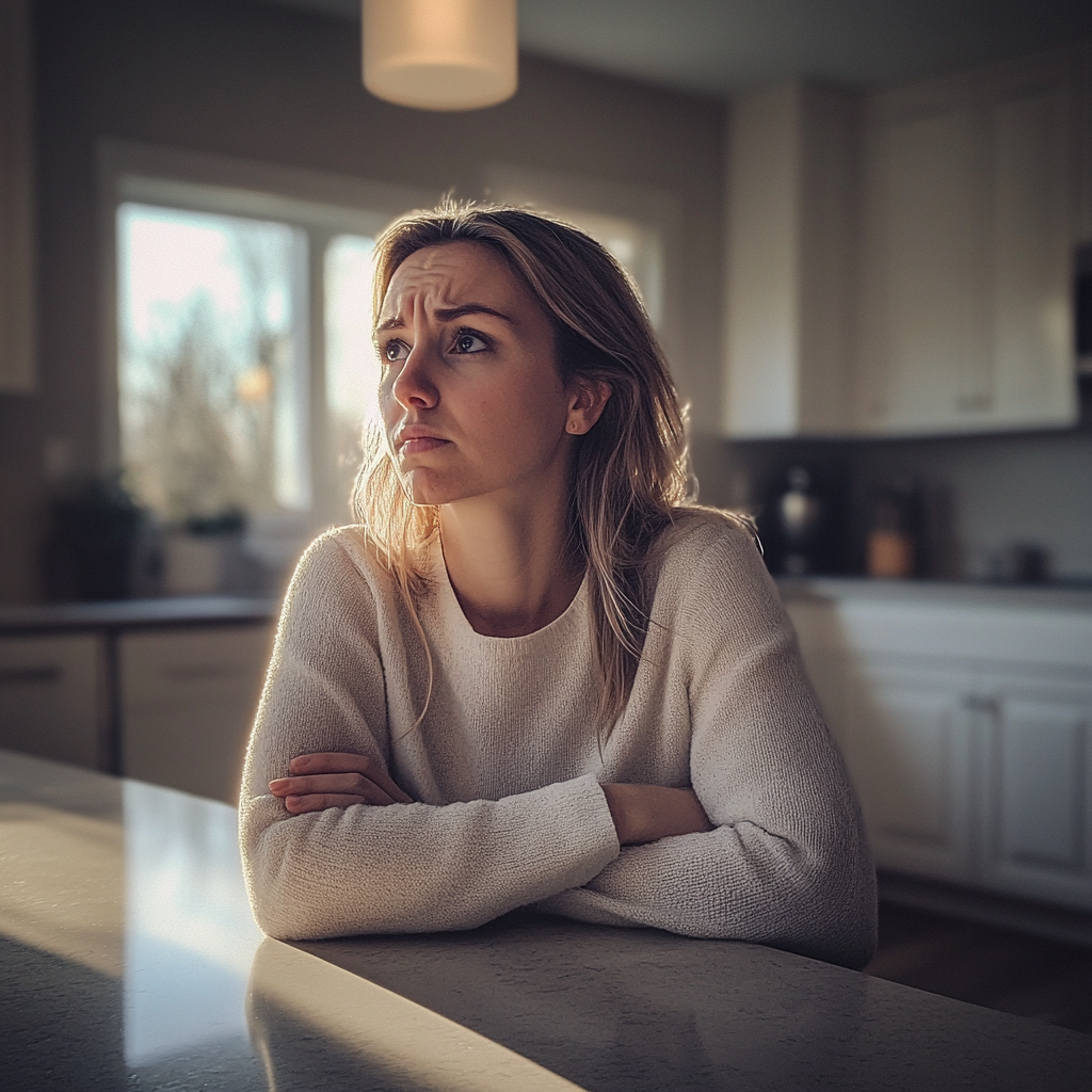 Une femme inquiète assise à un comptoir | Source : Midjourney