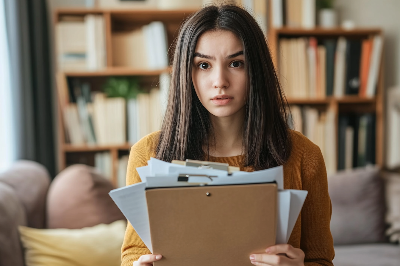 Une femme anxieuse tenant des documents | Source : Midjourney