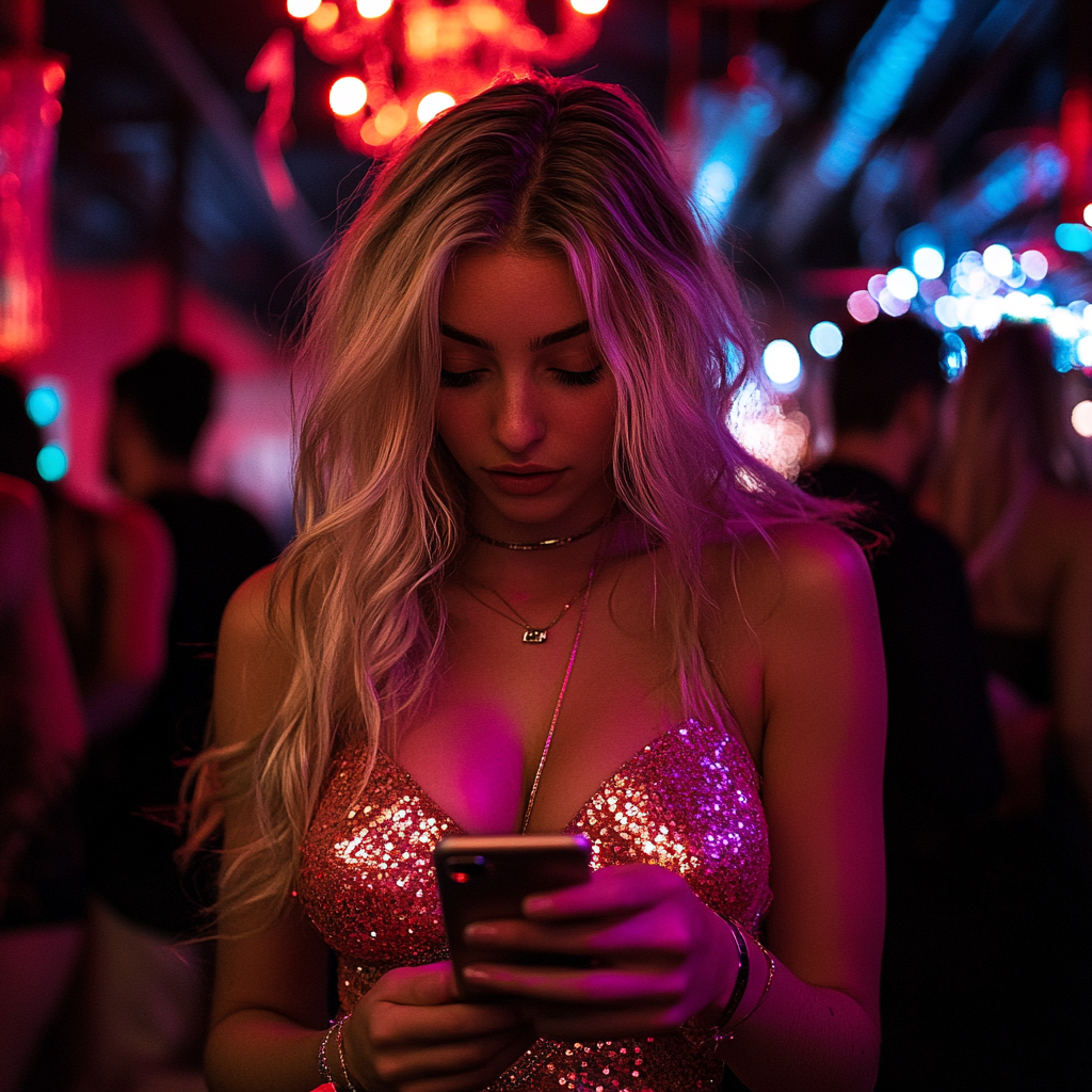 Une belle femme à une fête qui fait défiler son téléphone | Source : Midjourney