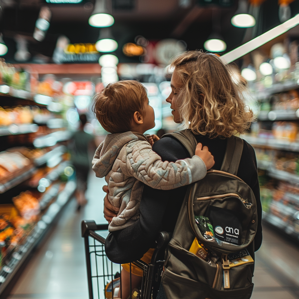 La mère de William le porte alors qu'elle fait ses courses dans un supermarché | Source : Midjourney