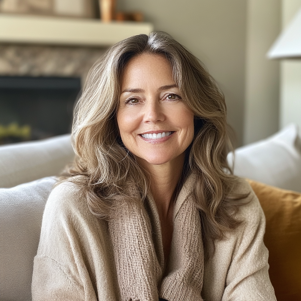 Une femme souriante assise sur un canapé | Source : Midjourney