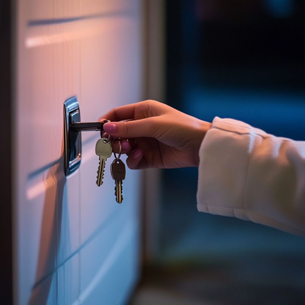 D'une main tremblante, Lily utilise les clés de la porte du garage pour l'ouvrir | Source : Midjourney