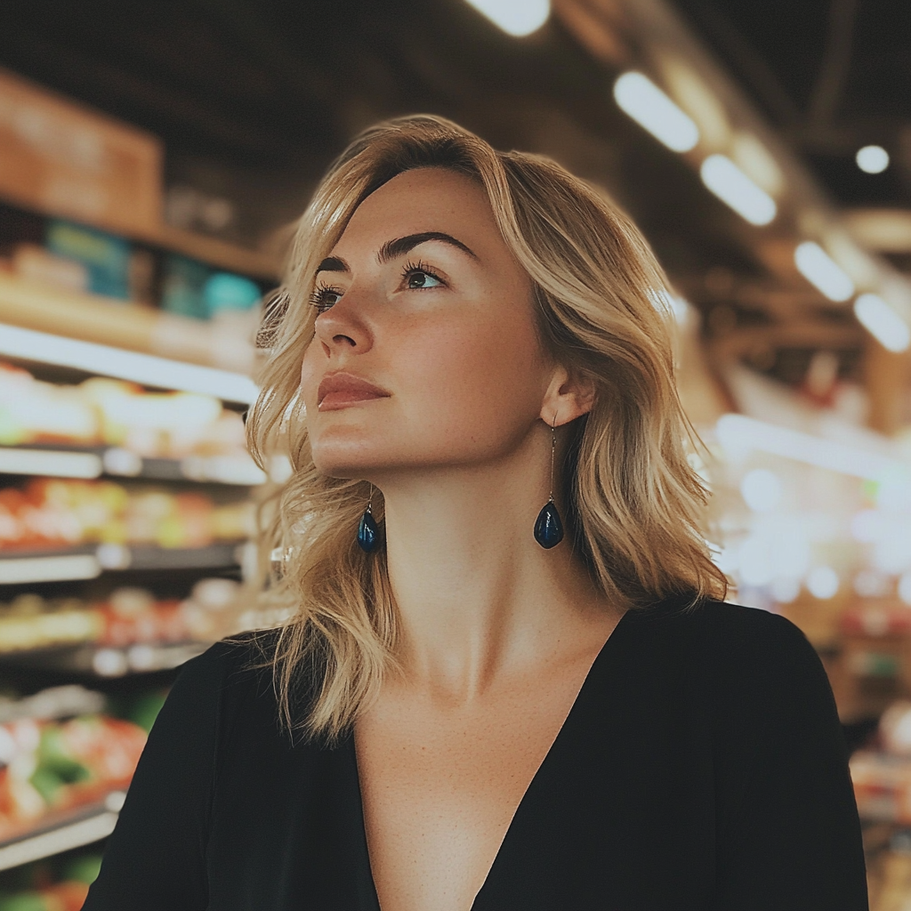 Une femme regardant au loin dans une épicerie | Source : Midjourney