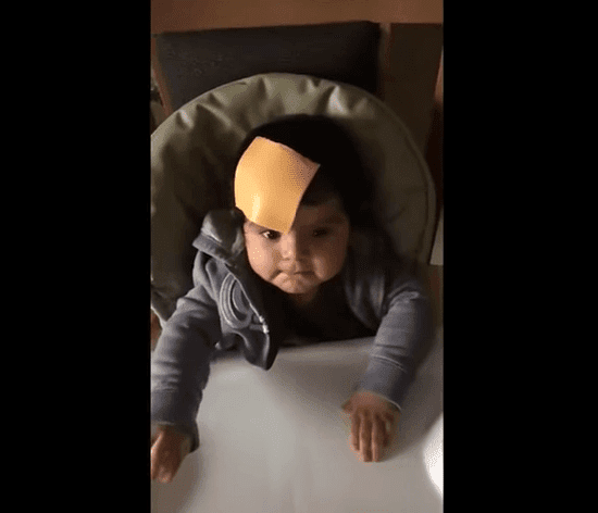 Un bébé confus regarde ses parents avec une tranche de fromage sur la tête. l Source: TopVids!