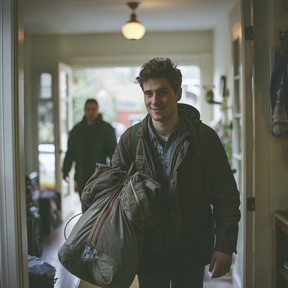 Un homme heureux portant un sac de sport tandis que son ami suit derrière lui | Source : Midjourney