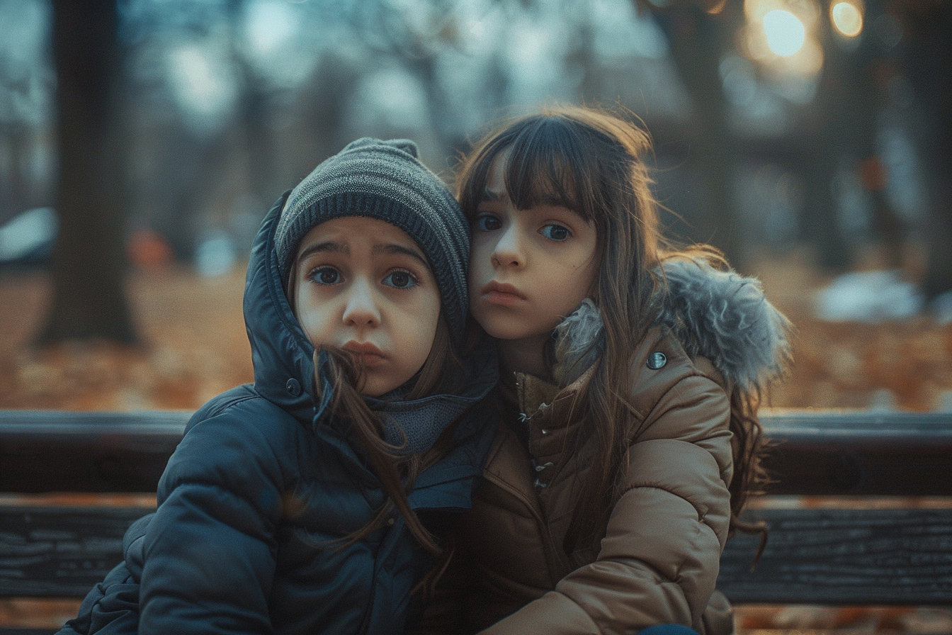 Deux filles tristes assises sur un banc public | Source : Midjourney