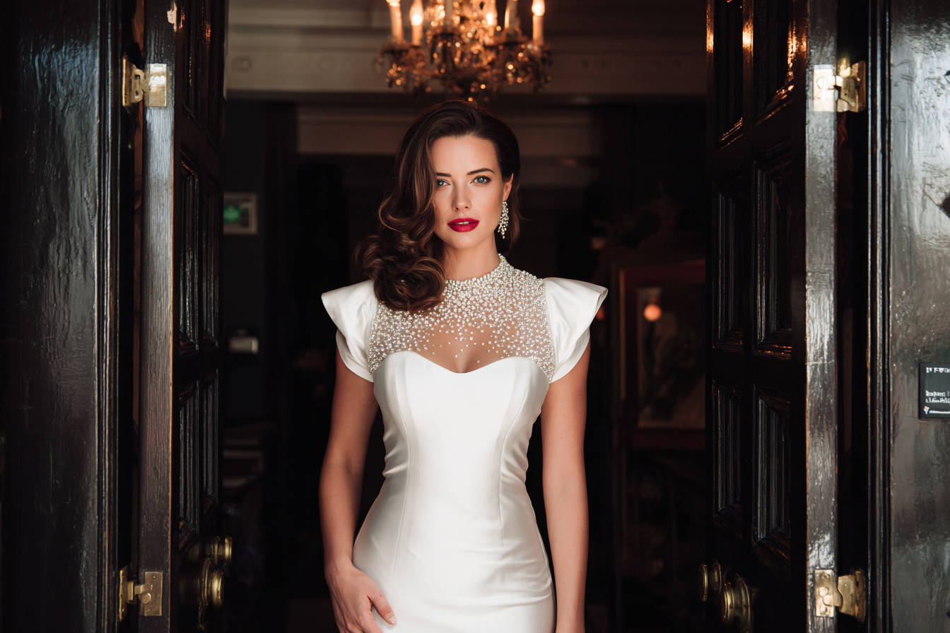 Une femme en robe blanche debout dans l'embrasure d'une porte | Source : Midjourney