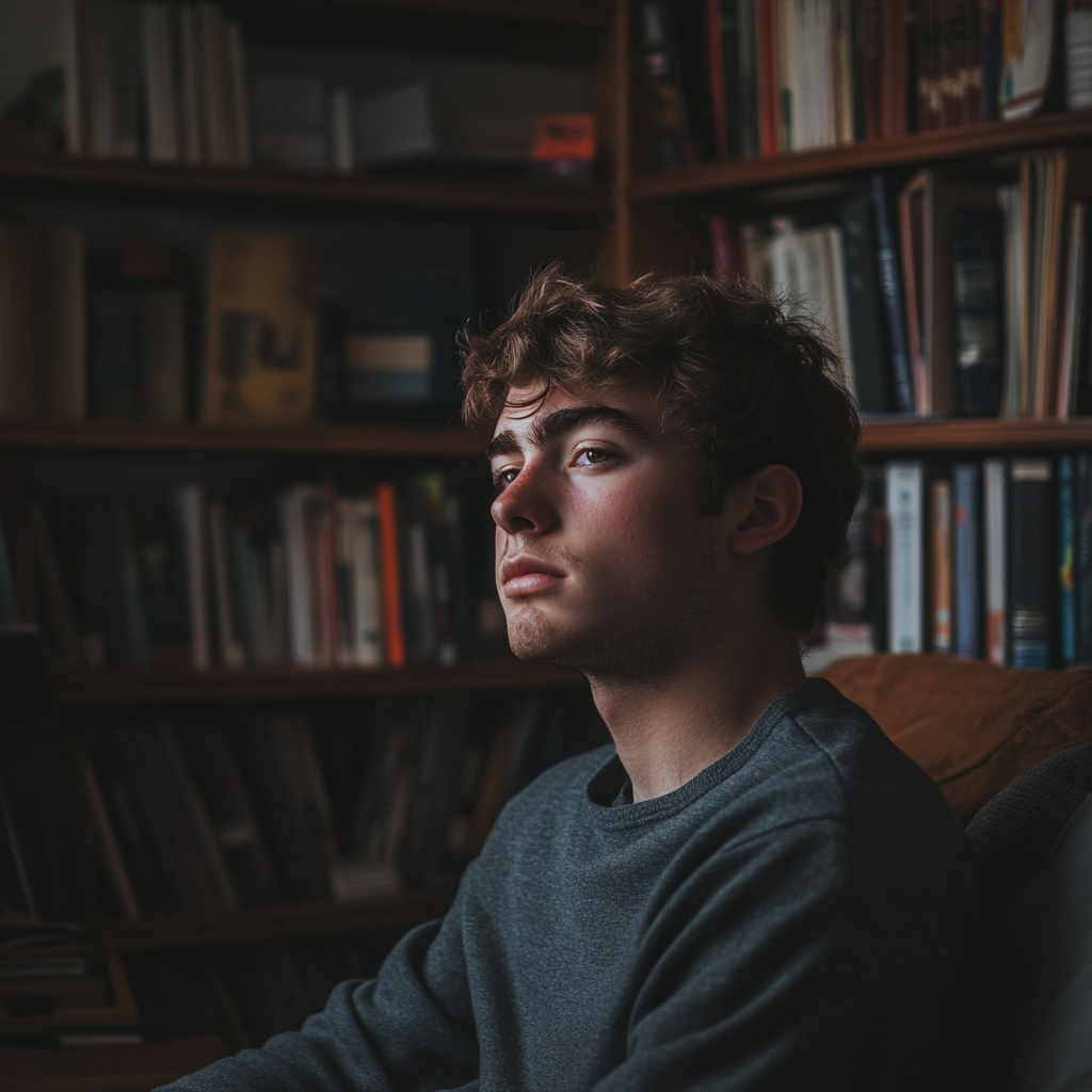 Un jeune homme réfléchi dans sa chambre | Source : Midjourney