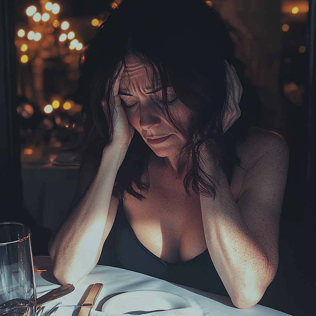 Une femme bouleversée assise à une table | Source : Midjourney