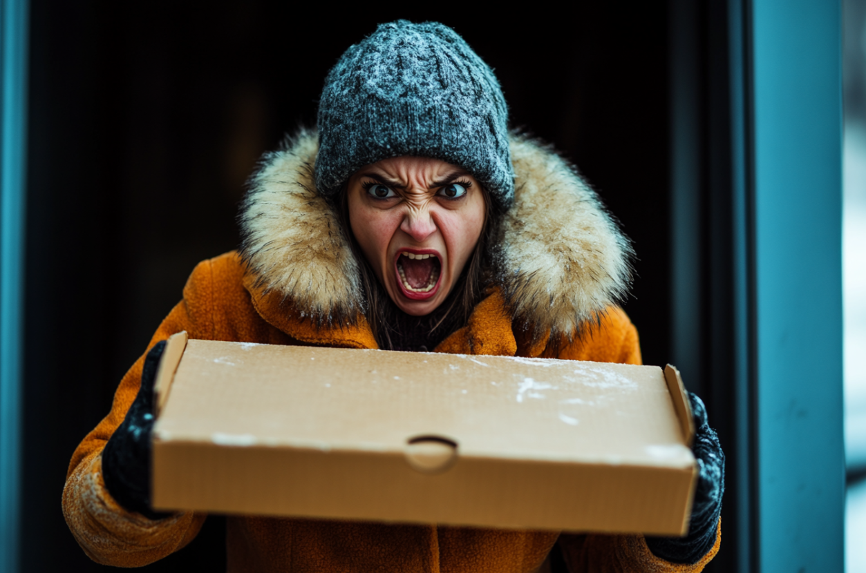 Une femme en colère tenant une boîte de pizza | Source : Midjourney