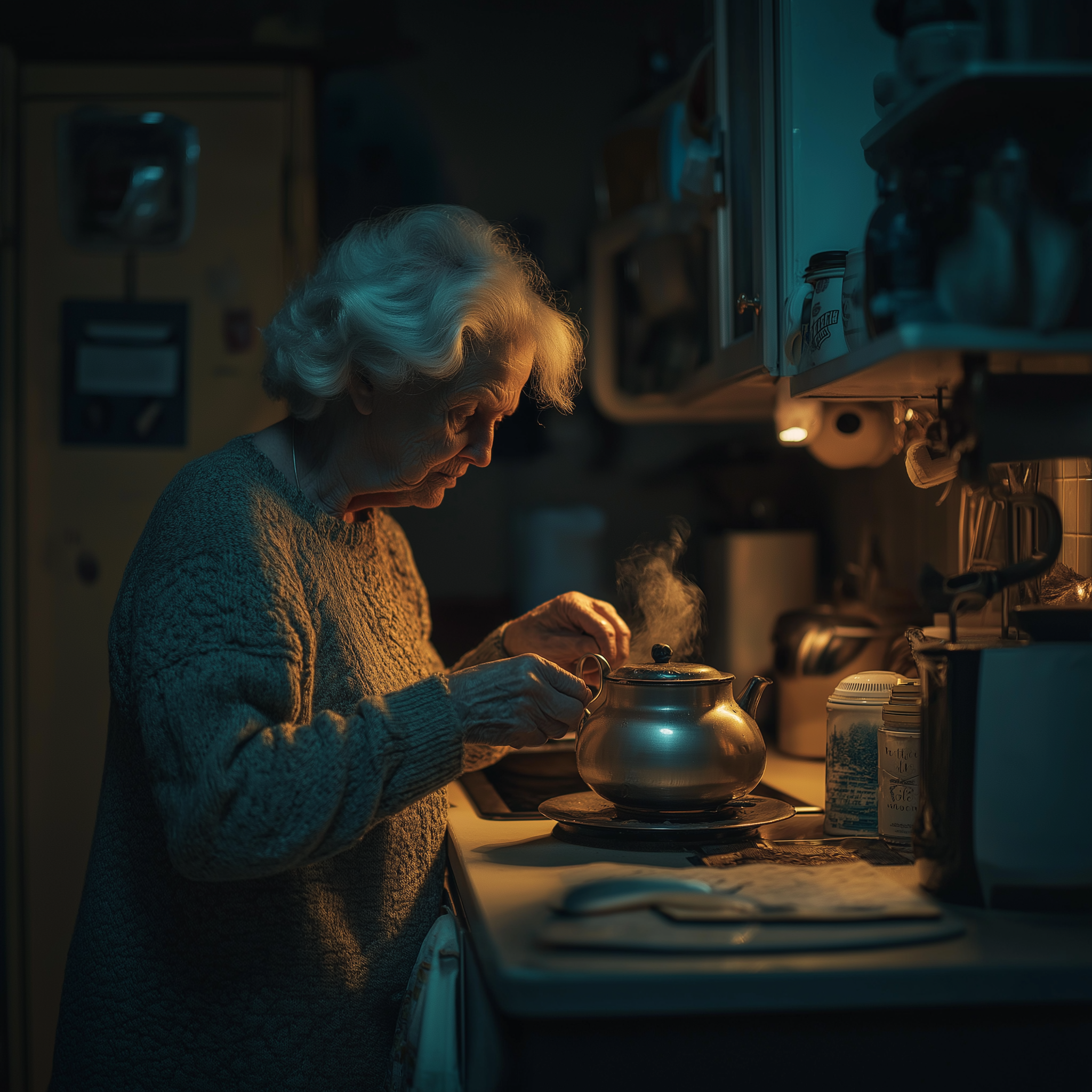 Une dame âgée préparant du thé dans sa cuisine la nuit | Source : Midjourney