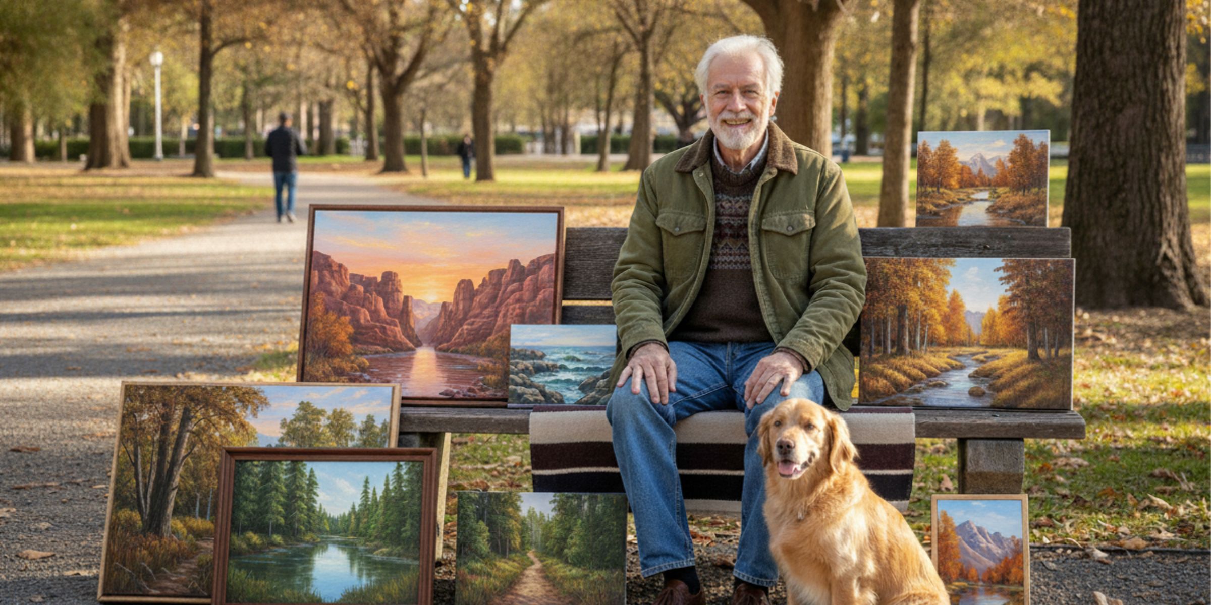 Un homme assis dans le parc avec ses peintures et un chien | Source : Amomama
