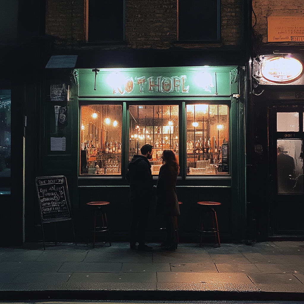 Un couple debout à l'extérieur d'un bar | Source : Midjourney