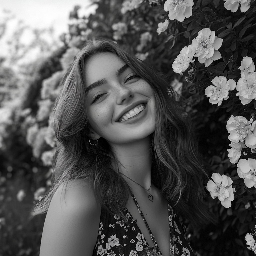 Une femme souriante près d'un buisson de fleurs | Source : Midjourney