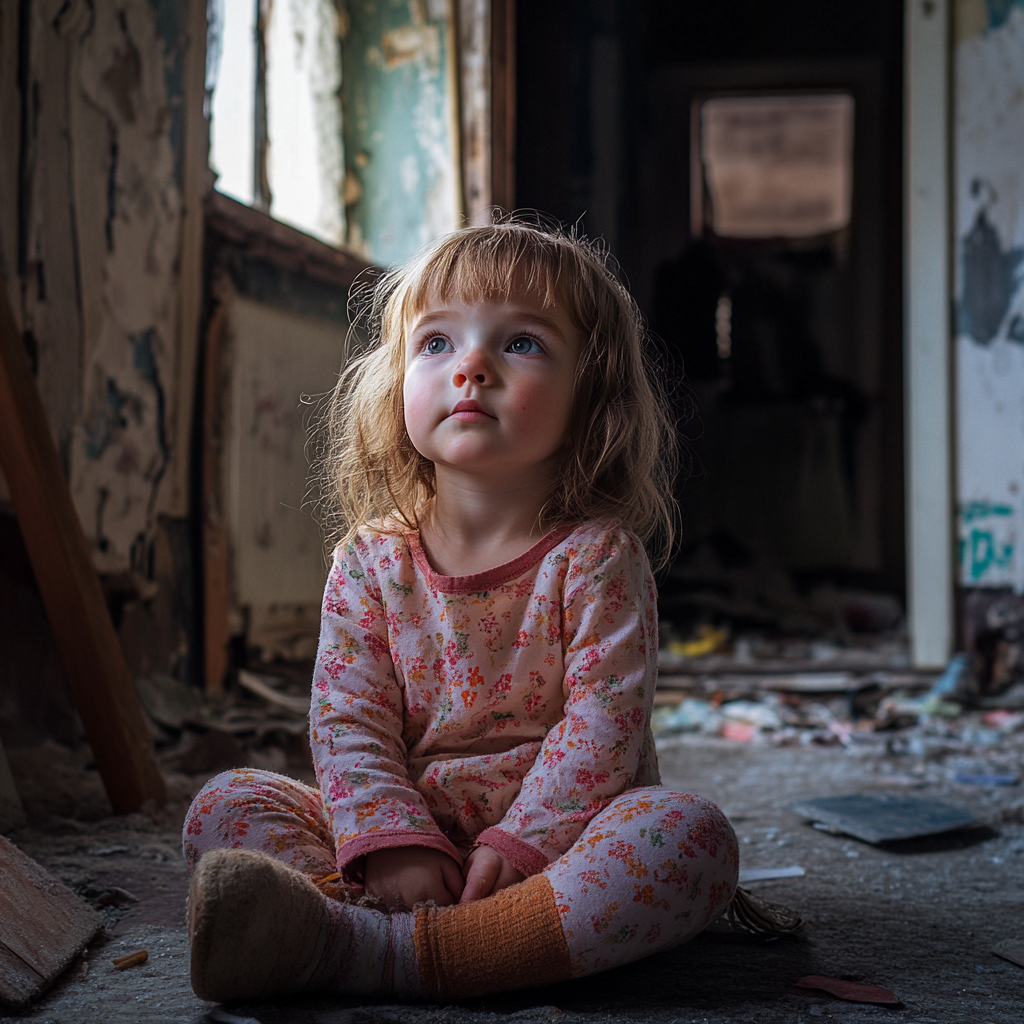 Une petite fille assise dans un petit appartement en désordre | Source : Midjourney