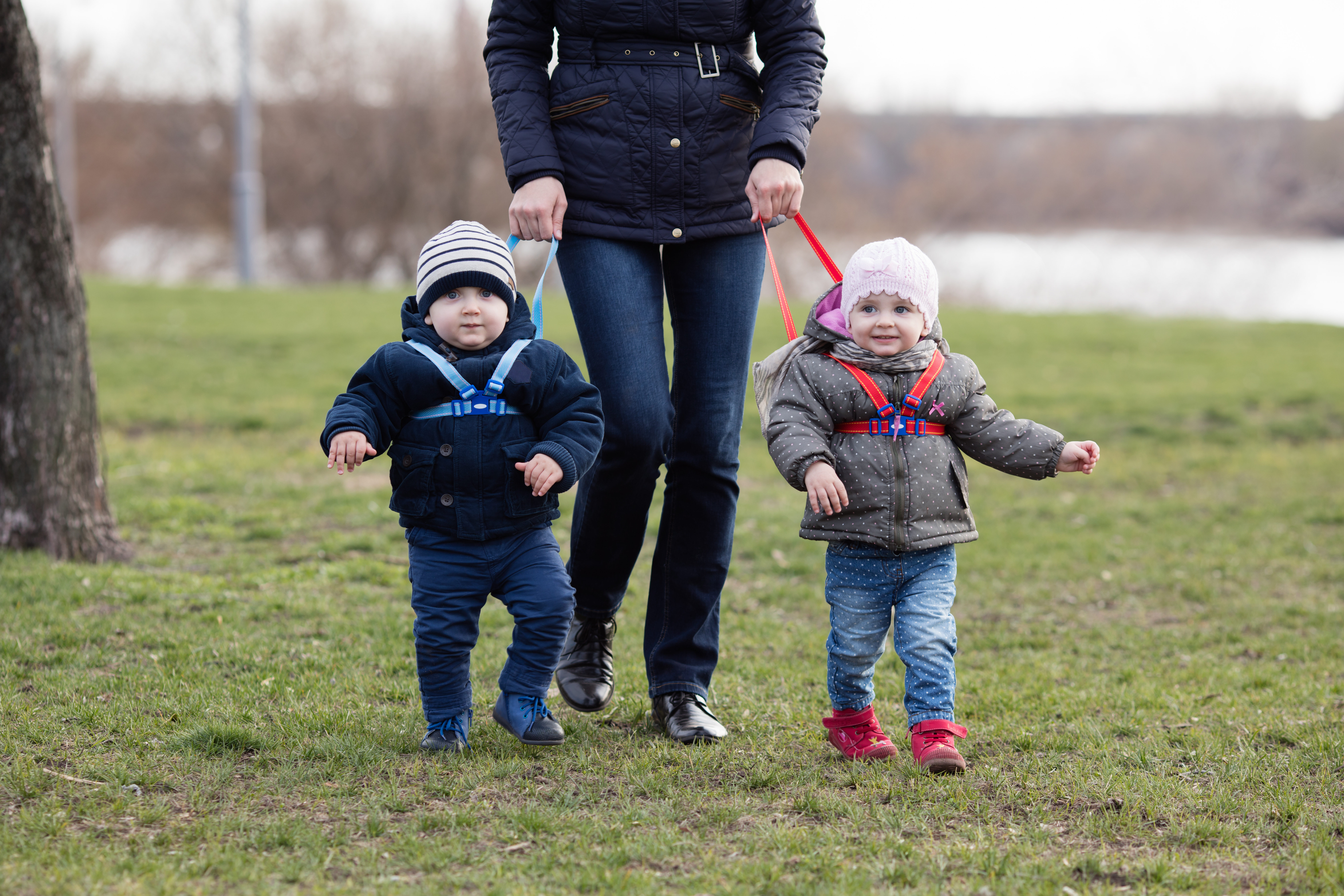 Uma mulher andando com dois filhos na coleira | Fonte: Shutterstock