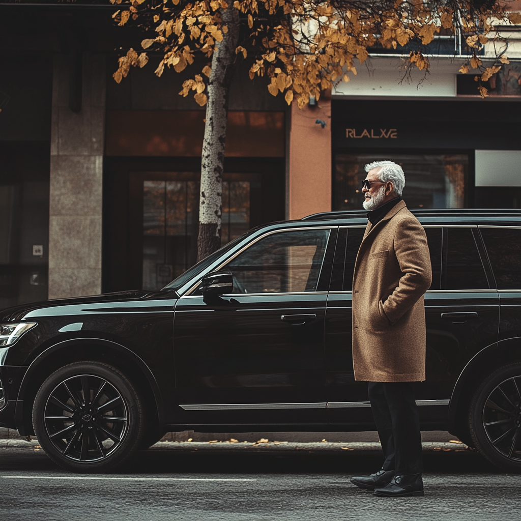 Un homme debout à côté d'une voiture SUV noire | Source : Midjourney