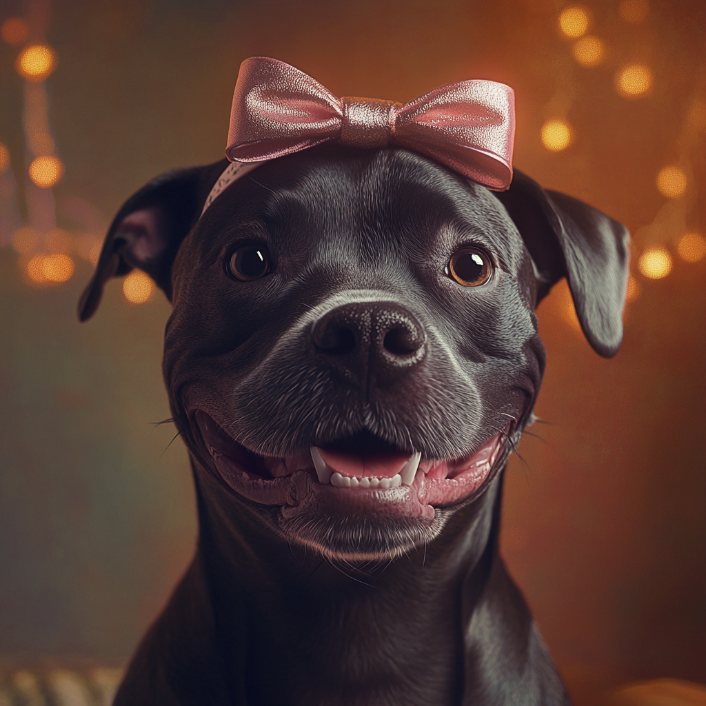 Un adorable Pitbull portant un bandeau à cheveux avec un nœud rose | Source : Midjourney