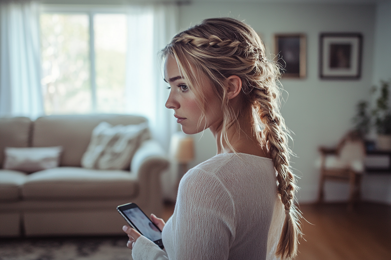 Femme d'une trentaine d'années faisant les cent pas dans un salon et tenant un téléphone | Source : Midjourney