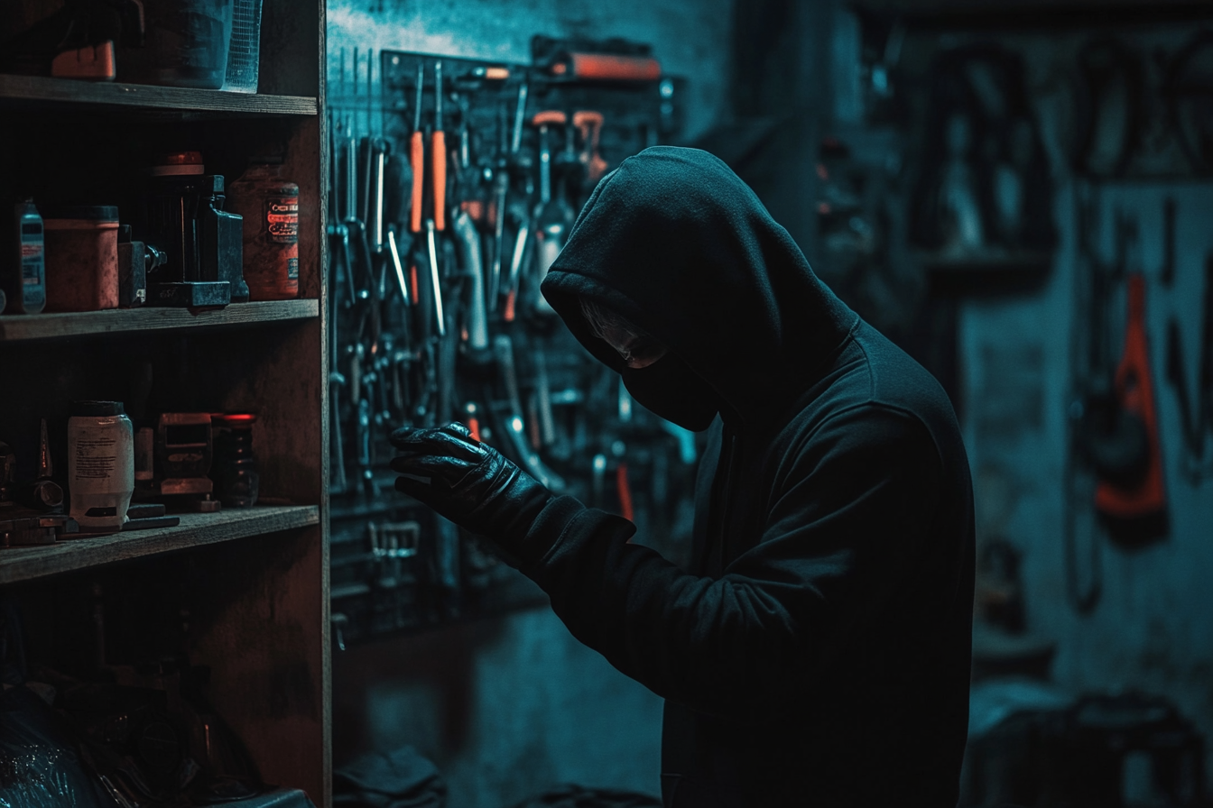 Un homme vêtu de noir et portant un masque inspecte l'étagère à outils murale d'un garage | Source : Midjourney