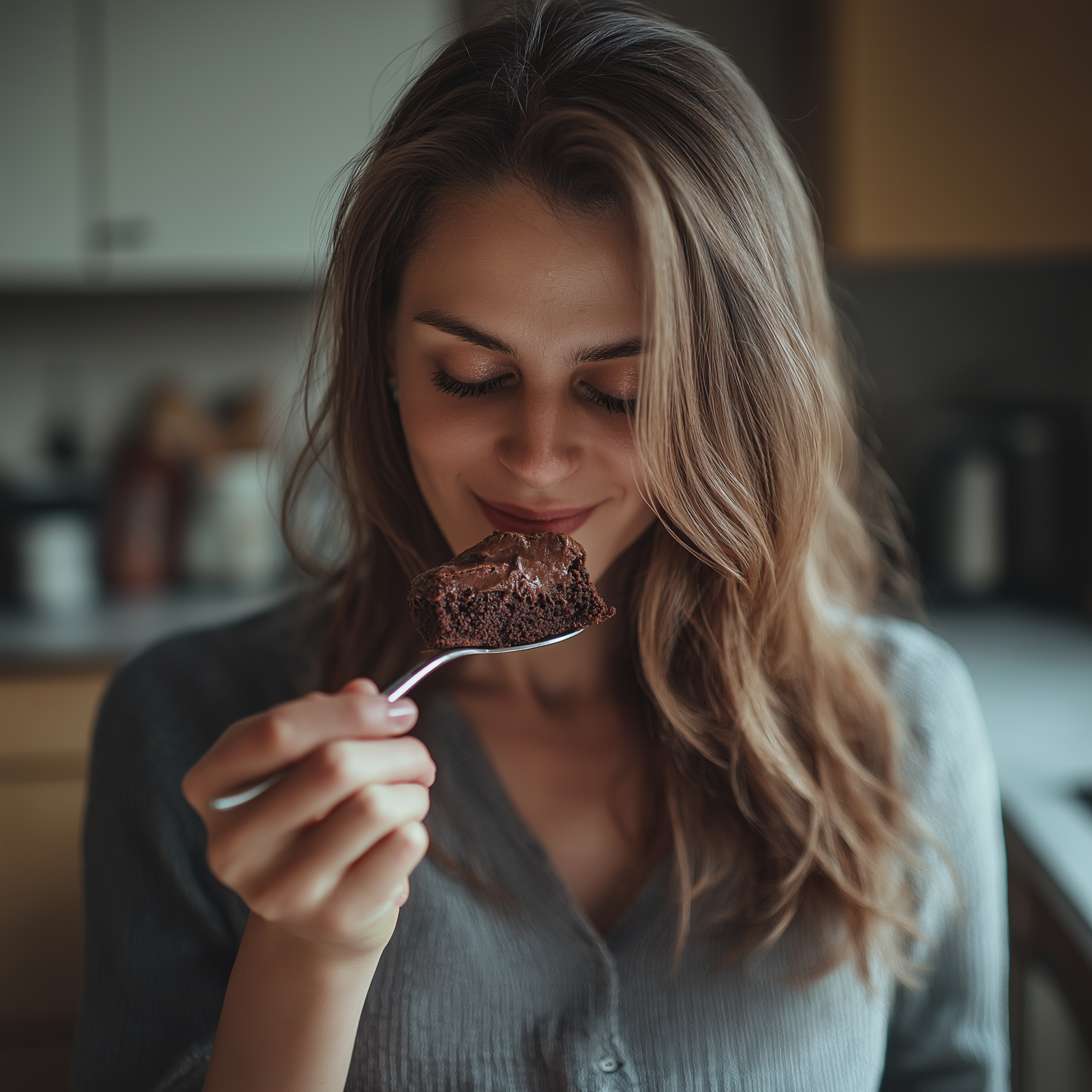 Une femme sur le point de manger une cuillerée de brownie au chocolat | Source : Midjourney