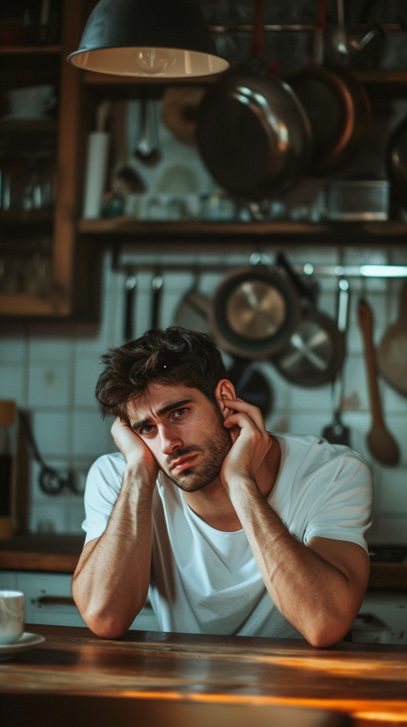 Un homme assis à une table et se tenant la tête | Source : Midjourney