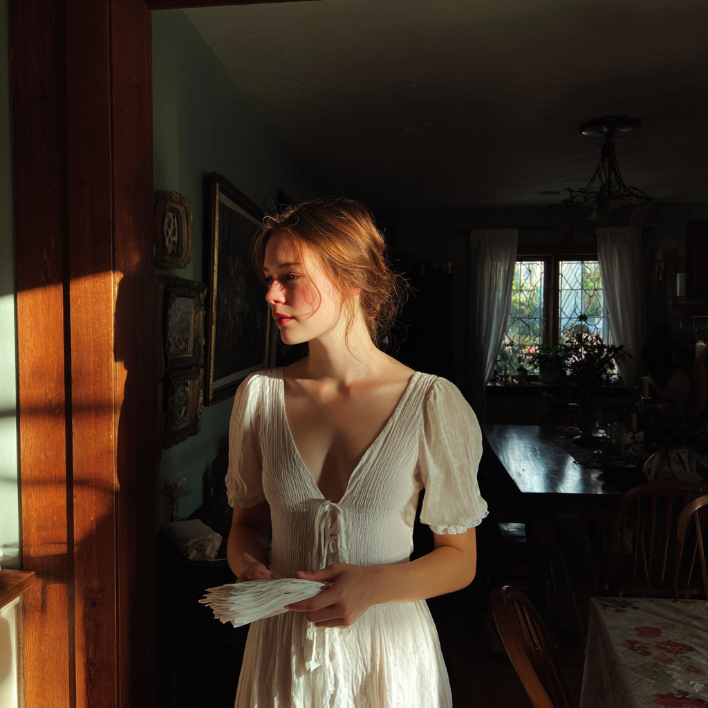 Une femme pensive tenant une pile de serviettes | Source : Midjourney