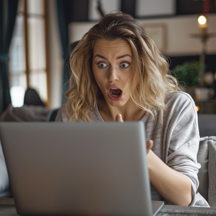 Une femme choquée alors qu'elle regarde l'écran de son ordinateur portable | Source : Midjourney